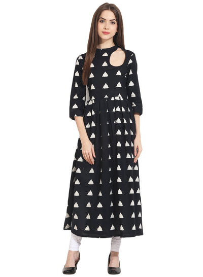 Black full printed 3/4th sleeve cotton anarkali kurta