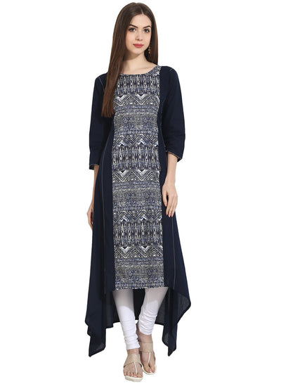 Blue 3/4th sleeve rayon assymetrical kurta