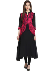 Black 3/4th sleeve georgette anarkali kurta with printed yoke