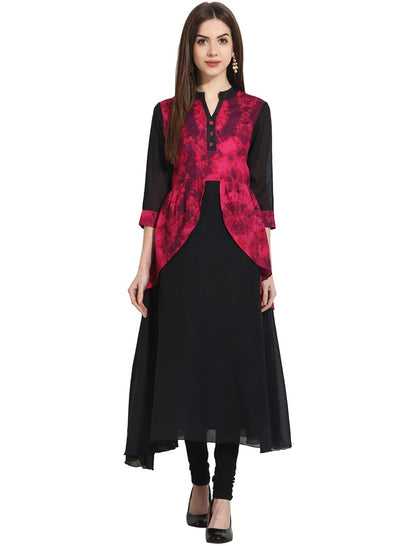 Black 3/4th sleeve georgette anarkali kurta with printed yoke
