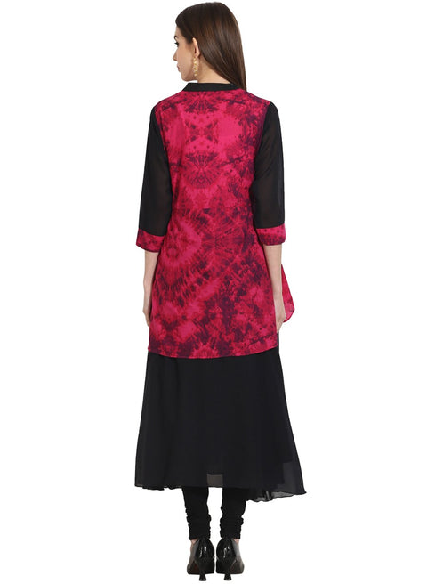 Black 3/4th sleeve georgette anarkali kurta with printed yoke