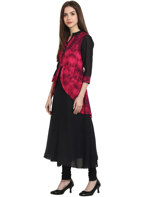 Black 3/4th sleeve georgette anarkali kurta with printed yoke