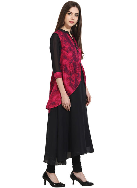 Black 3/4th sleeve georgette anarkali kurta with printed yoke