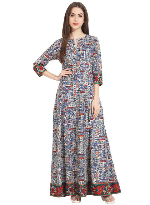 Multi printed 3/4th sleeve ankle length cotton kurta