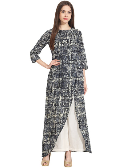 Nayo Women Blue printed 3/4th sleeve cotton assymetric kurta