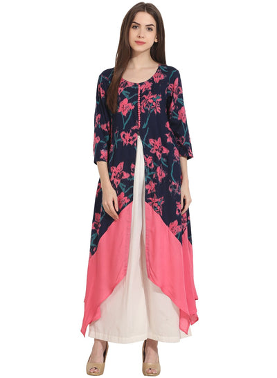 Multi printed 3/4th sleeve rayon front open assymetrical kurta