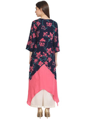 Multi printed 3/4th sleeve rayon front open assymetrical kurta