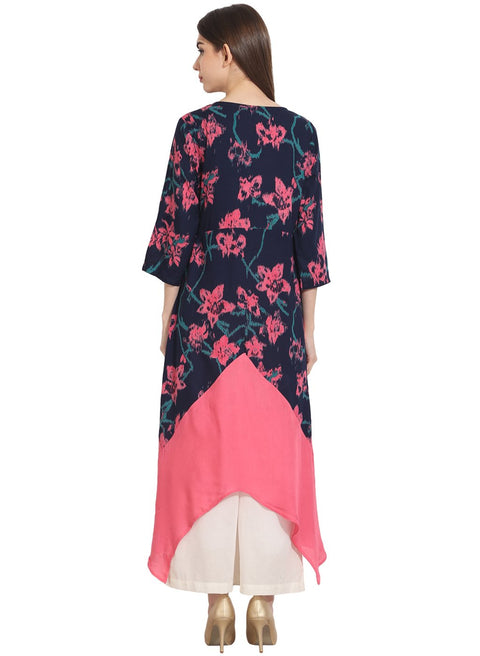 Multi printed 3/4th sleeve rayon front open assymetrical kurta