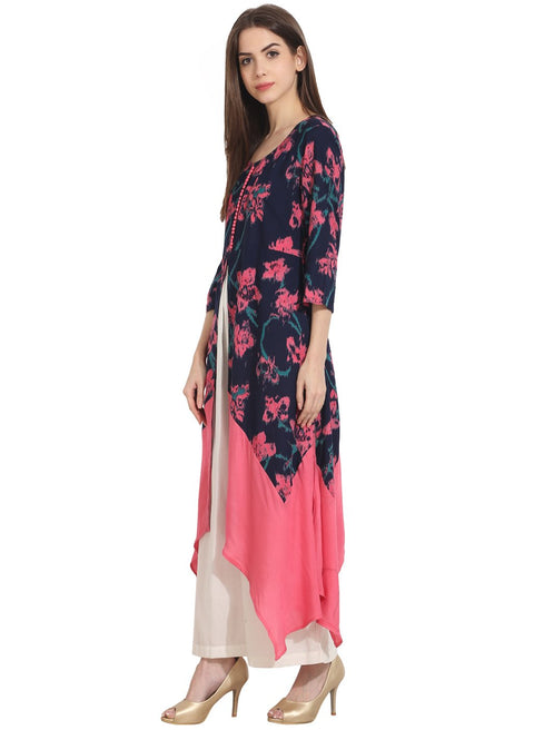 Multi printed 3/4th sleeve rayon front open assymetrical kurta