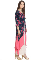 Multi printed 3/4th sleeve rayon front open assymetrical kurta