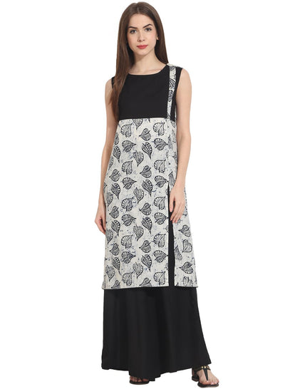 white printed sleevless cotton kurta