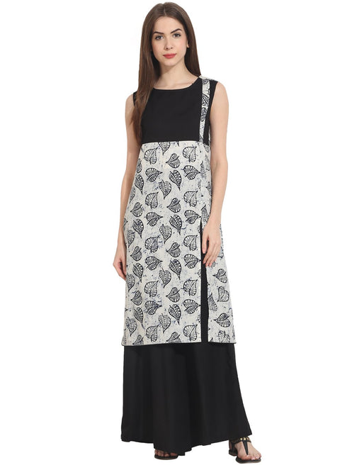 white printed sleevless cotton kurta