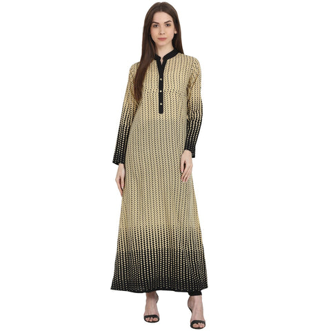 Beige & Black Printed full sleeve ankle length cotton Kurta