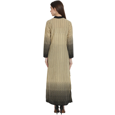 Beige & Black Printed full sleeve ankle length cotton Kurta