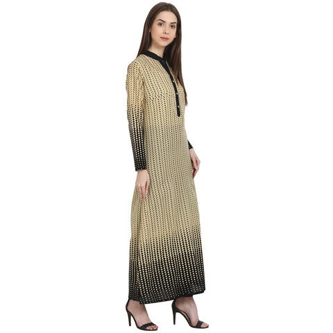 Beige & Black Printed full sleeve ankle length cotton Kurta
