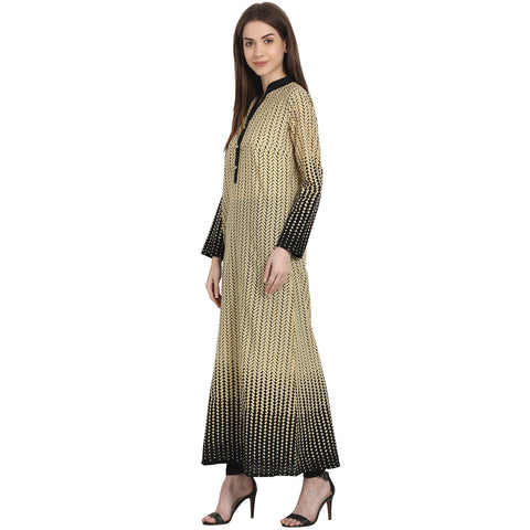 Beige & Black Printed full sleeve ankle length cotton Kurta