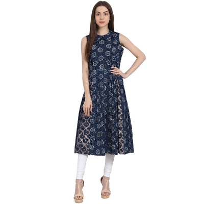 Blue printed sleevless A-line kurta
