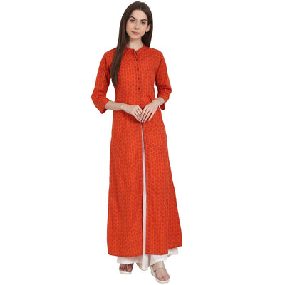Rust printed 3/4 sleeve rayon front open kurta