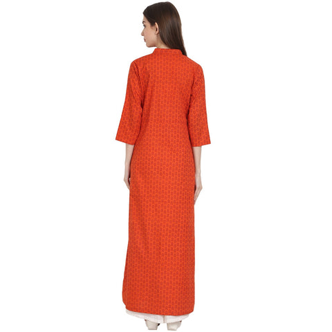 Rust printed 3/4 sleeve rayon front open kurta