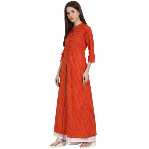 Rust printed 3/4 sleeve rayon front open kurta