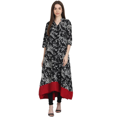 Black printed 3/4 sleeve Low high cotton anarkali Kurta