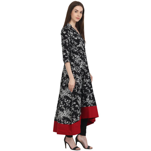 Black printed 3/4 sleeve Low high cotton anarkali Kurta
