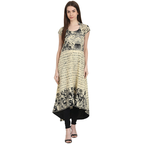 Beige printed cap sleeve low high kurta