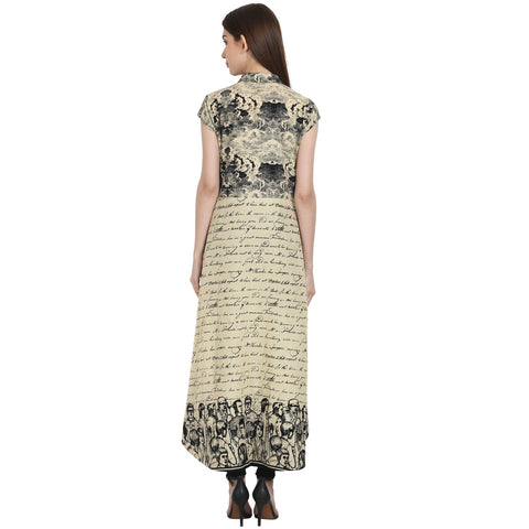 Beige printed cap sleeve low high kurta