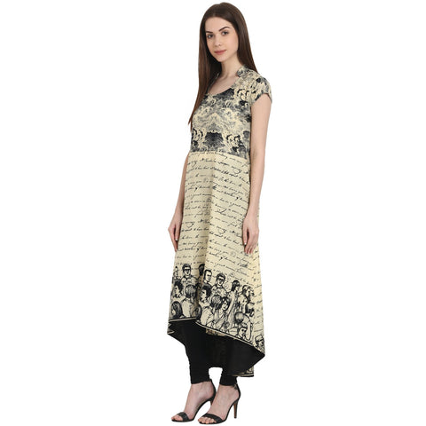 Beige printed cap sleeve low high kurta