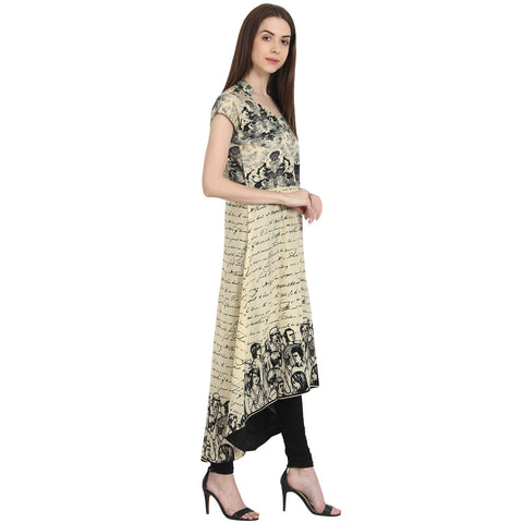 Beige printed cap sleeve low high kurta