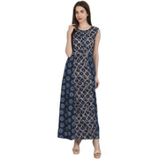 Blue printed sleevless rayon kurta