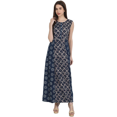 Blue printed sleevless rayon kurta
