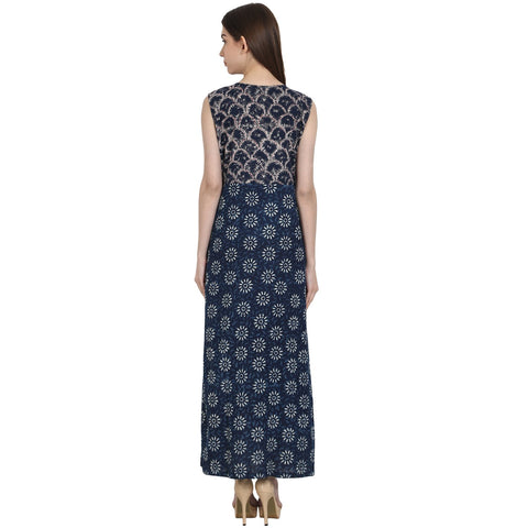 Blue printed sleevless rayon kurta