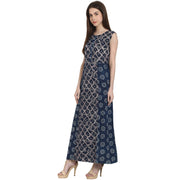 Blue printed sleevless rayon kurta