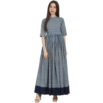 Blue printed half sleeve cotton anarkali kurta