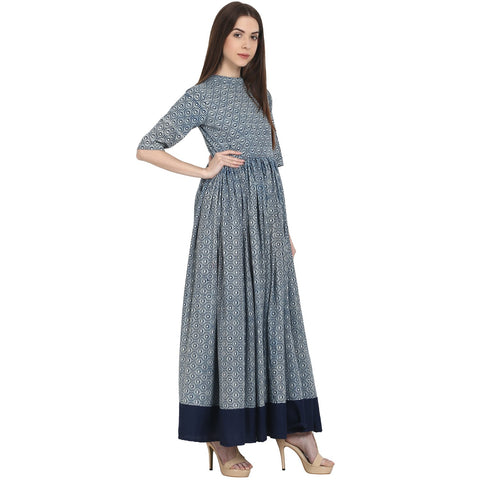 Blue printed half sleeve cotton anarkali kurta