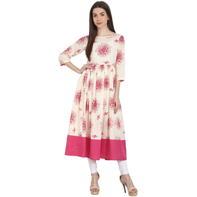 Peach printed 3/4 sleeve cotton anarkali kurta