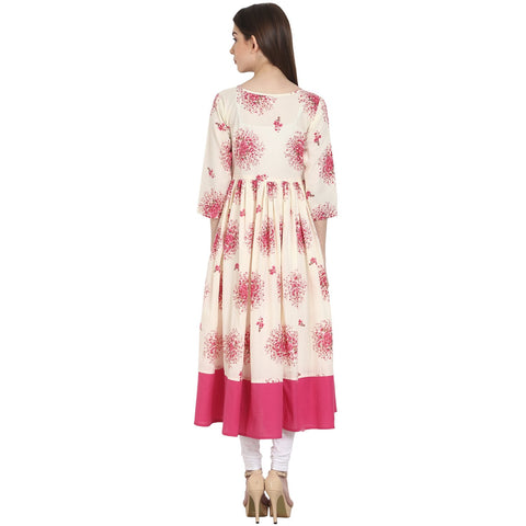 Peach printed 3/4 sleeve cotton anarkali kurta