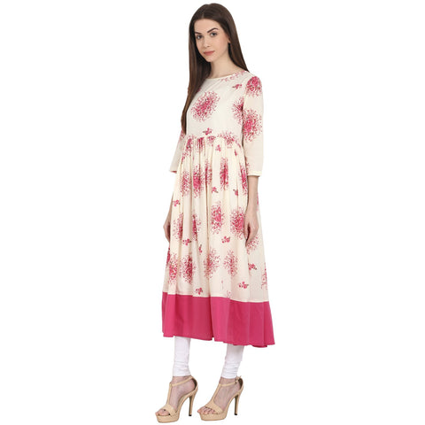 Peach printed 3/4 sleeve cotton anarkali kurta