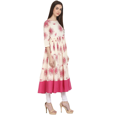 Peach printed 3/4 sleeve cotton anarkali kurta