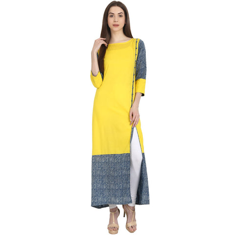 Yellow & blue 3/4 sleeve cotton long kurta