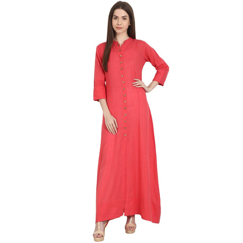 Red 3/4 sleeve cotton floor length front open kurta