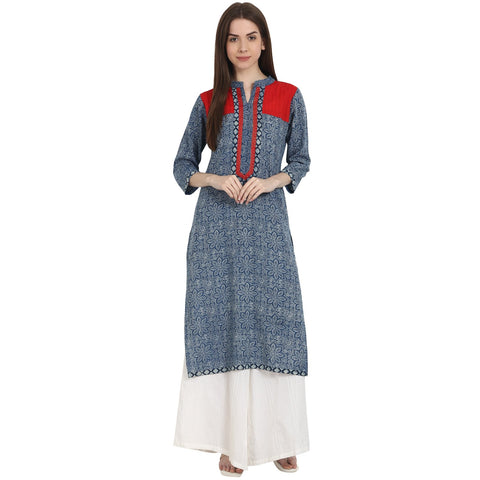 Blue printed 3/4 sleeve cotton kurta