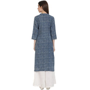 Blue printed 3/4 sleeve cotton kurta