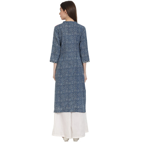 Blue printed 3/4 sleeve cotton kurta