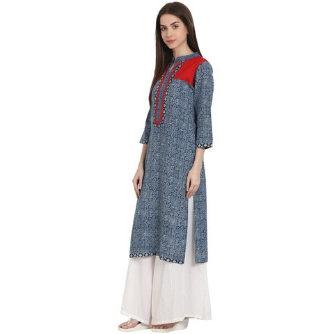 Blue printed 3/4 sleeve cotton kurta