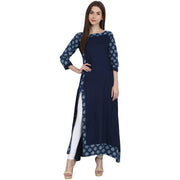 Navy Blue 3/4 sleeve cotton slub long kurta