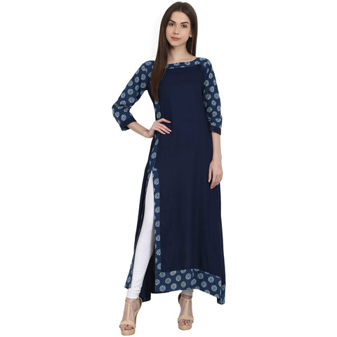 Navy Blue 3/4 sleeve cotton slub long kurta