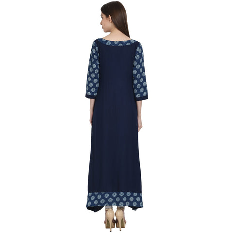 Navy Blue 3/4 sleeve cotton slub long kurta