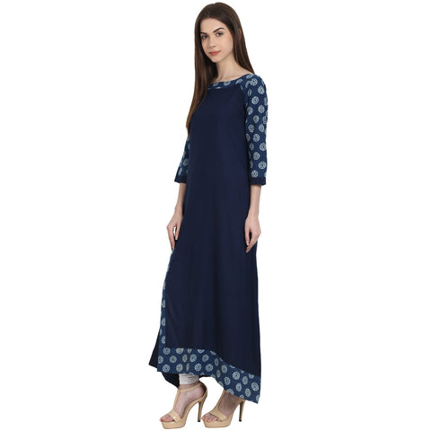 Navy Blue 3/4 sleeve cotton slub long kurta